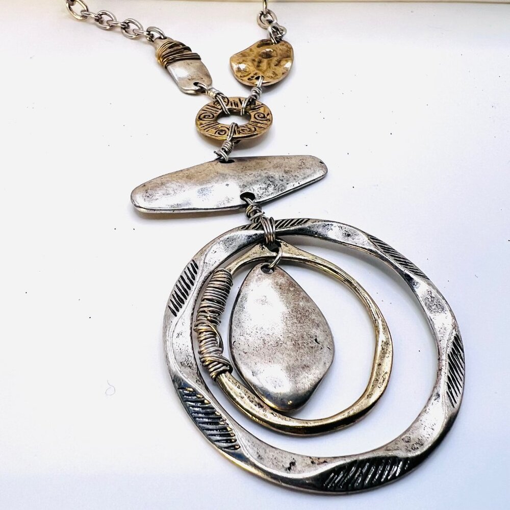 Joan Vass New York Necklace-NWT-Silver/Gold Rustic Mix-Casual-Versatile-V Neck - Picture 7 of 14